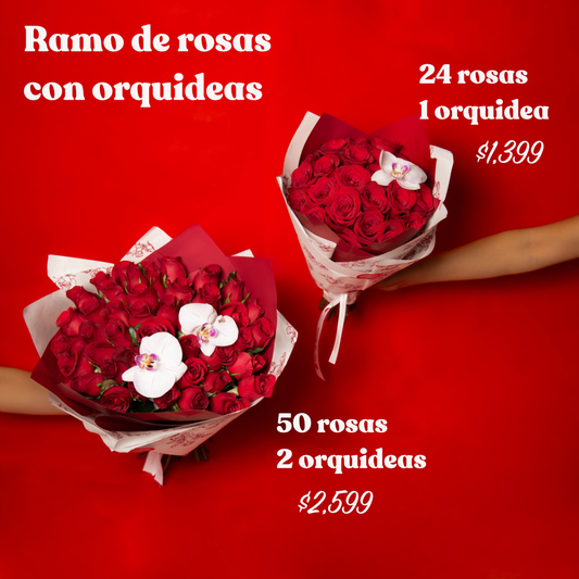Ramo de rosas con rquídeas San Valentín 2026